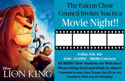 Falcon Choir Movie Night. Friday, 2/4/22 6-8:30pm. Bring Food to Share!